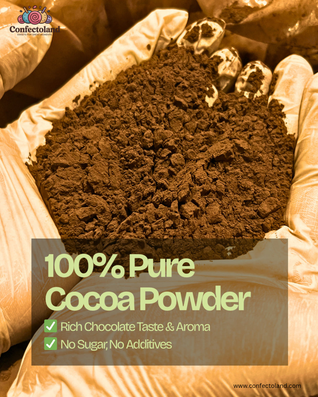 A package of 100% pure cocoa powder with a close-up of dark brown cocoa. Label reads: Rich chocolate taste and aroma, no sugar, no additives.