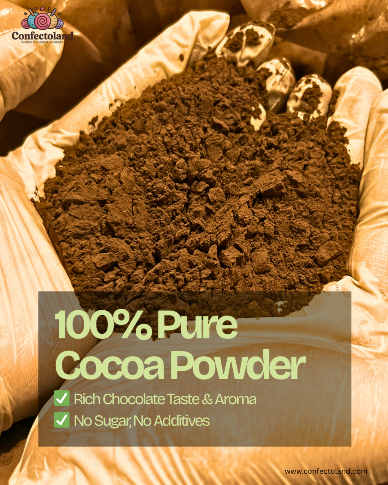 A package of 100% pure cocoa powder with a close-up of dark brown cocoa. Label reads: Rich chocolate taste and aroma, no sugar, no additives.