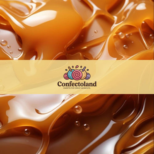 Close-up of caramel-like liquid with 'Confectoland' logo at the bottom.