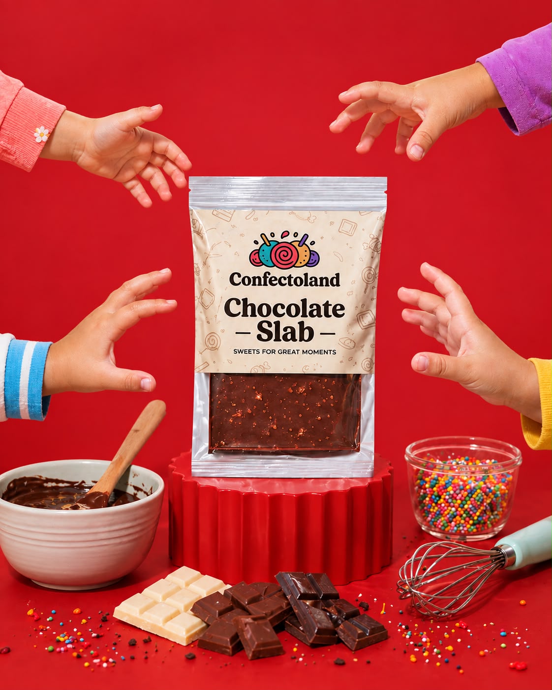 A package of Confectoland Chocolate Slab centered on a red background, surrounded by children's hands reaching toward it, with bowls of chocolate, white chocolate, sprinkles, and a whisk on a red surface.