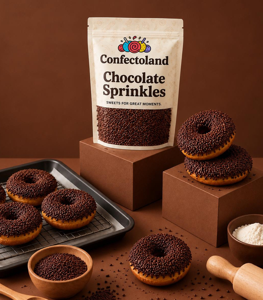 A stand-up pouch labeled Confectoland Chocolate Sprinkles stands on a brown surface, surrounded by chocolate-donut-shaped sprinkles, decorated donuts on a tray, bowls of sprinkles and white powder, and a rolling pin. The scene is styled with brown boxes and a warm brown background.