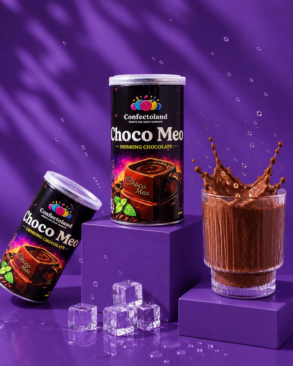 Two Confectoland Choco Meo chocolate drink mix cans styled on purple pedestals with a glass of chocolate drink and chocolate splash on the right, against a purple background with leaf shadows.