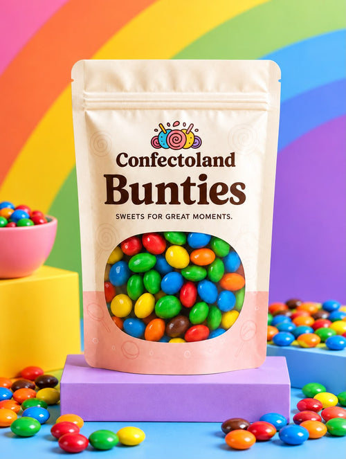 A stand-up pouch of Confectoland Bunties candy sits on a purple block, surrounded by colorful candy-coated chocolates and bowls of candy against a rainbow-striped background.