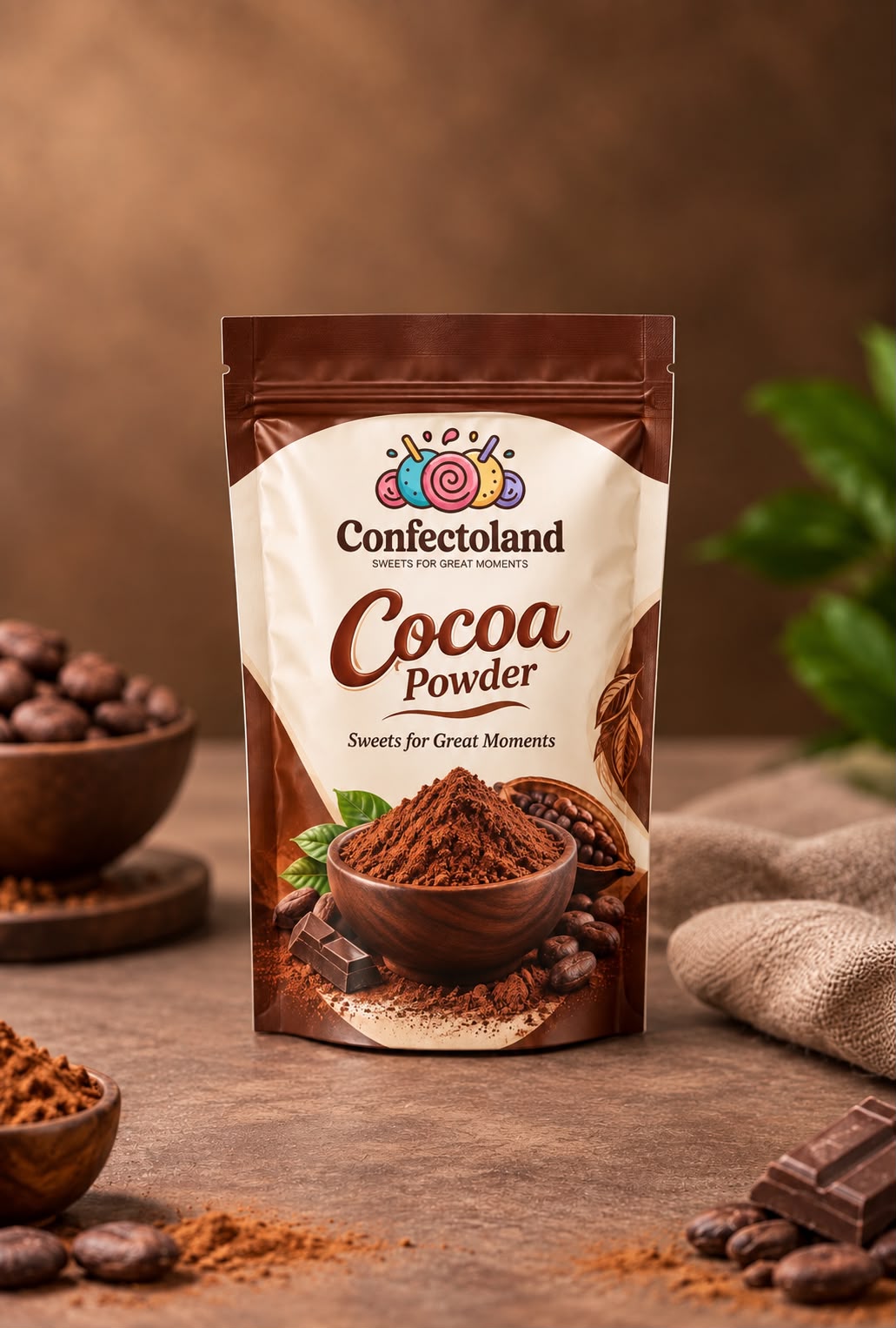 A stand-up pouch of Confectoland Cocoa Powder stands on a rustic wooden surface with chocolate pieces, cocoa beans, and fabric props around it. The package is brown and cream with the Confectoland logo and product name clearly visible.