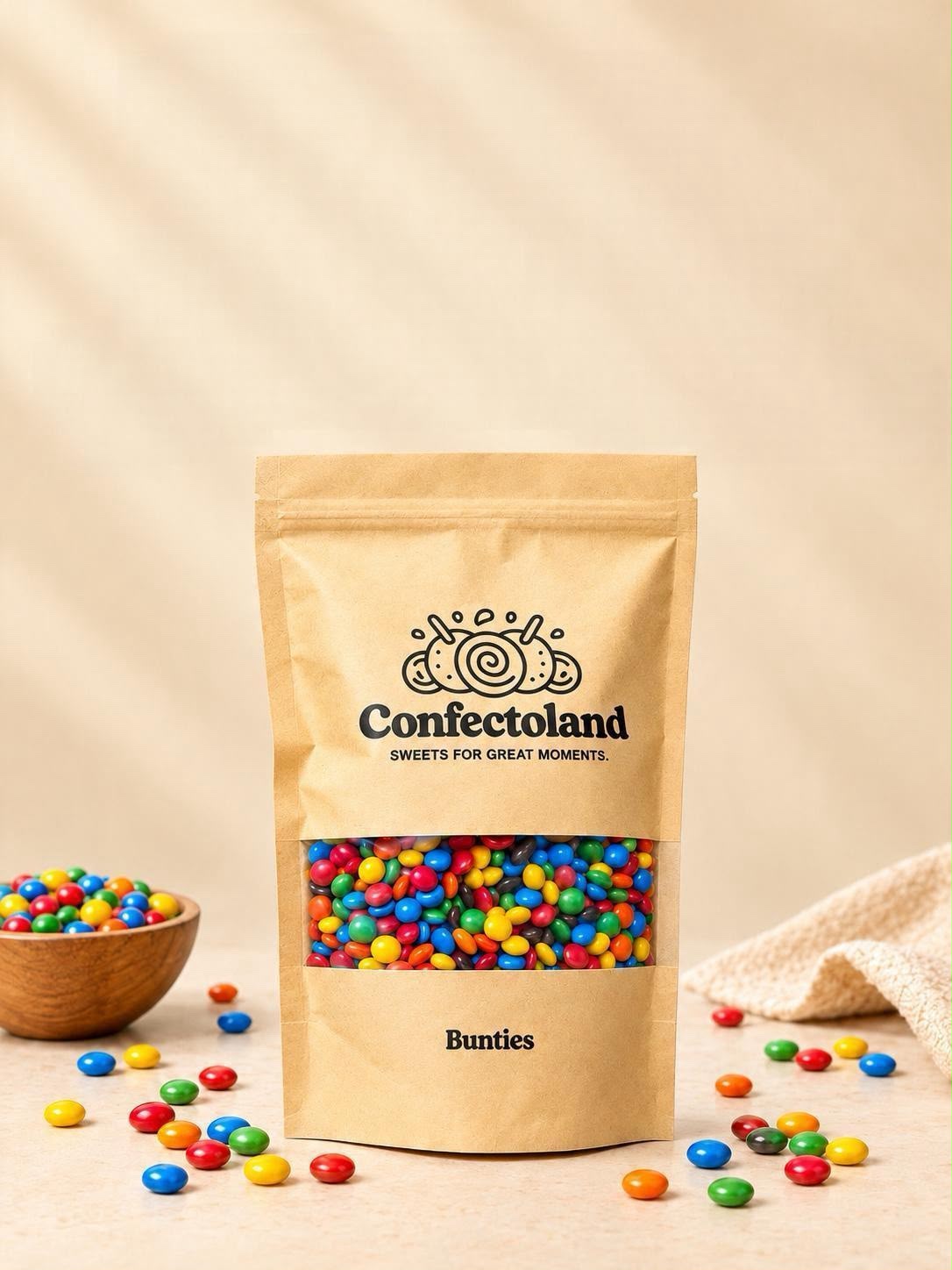 A kraft paper stand-up pouch of Confectoland 'Bunties' candy coated chocolates, displayed on a beige surface with scattered colorful bunties, a small wooden bowl, and a textured cloth.