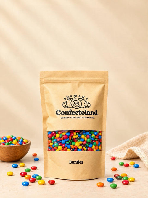 A kraft paper stand-up pouch of Confectoland 'Bunties' candy coated chocolates, displayed on a beige surface with scattered colorful bunties, a small wooden bowl, and a textured cloth.