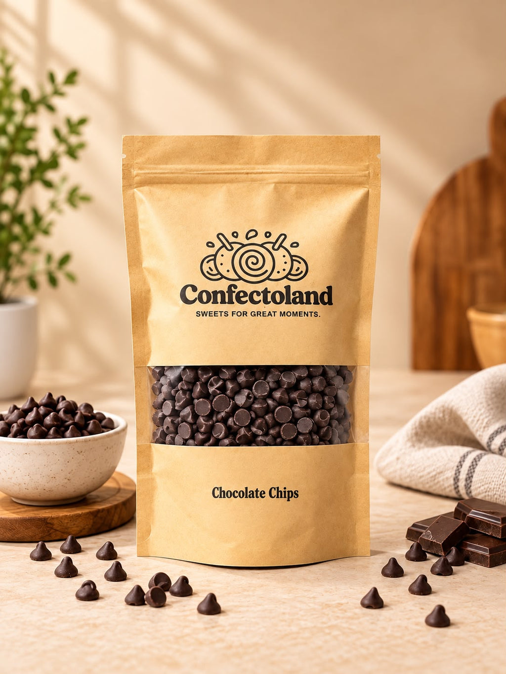 A stand-up kraft paper pouch of Confectoland Chocolate Chips on a warm beige tabletop, with chocolate chips scattered around, a bowl of chips, and dark chocolate pieces nearby. The pouch has a clear window showing the dark brown chocolate chips inside.
