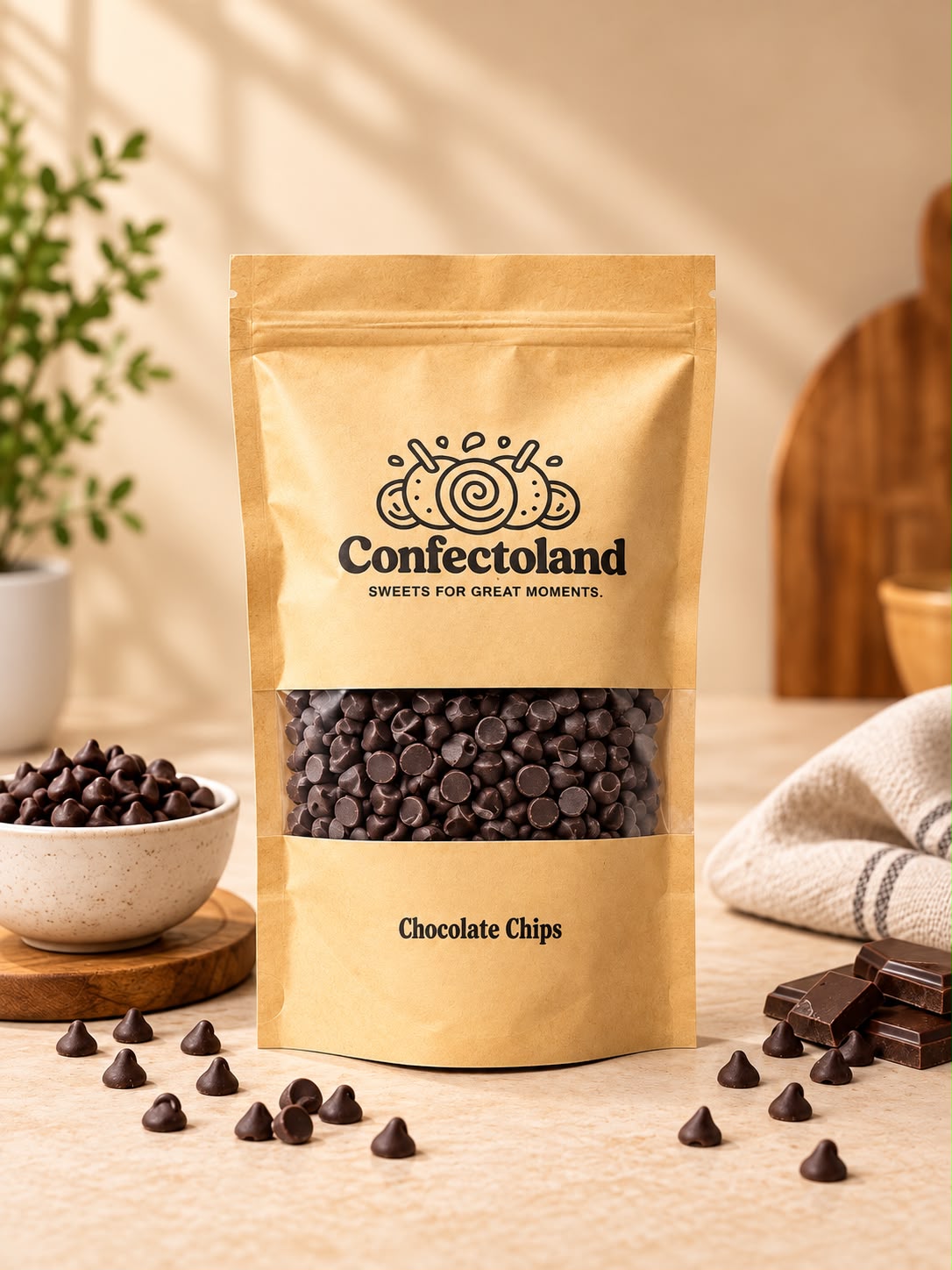 A stand-up kraft paper pouch of Confectoland Chocolate Chips on a warm beige tabletop, with chocolate chips scattered around, a bowl of chips, and dark chocolate pieces nearby. The pouch has a clear window showing the dark brown chocolate chips inside.