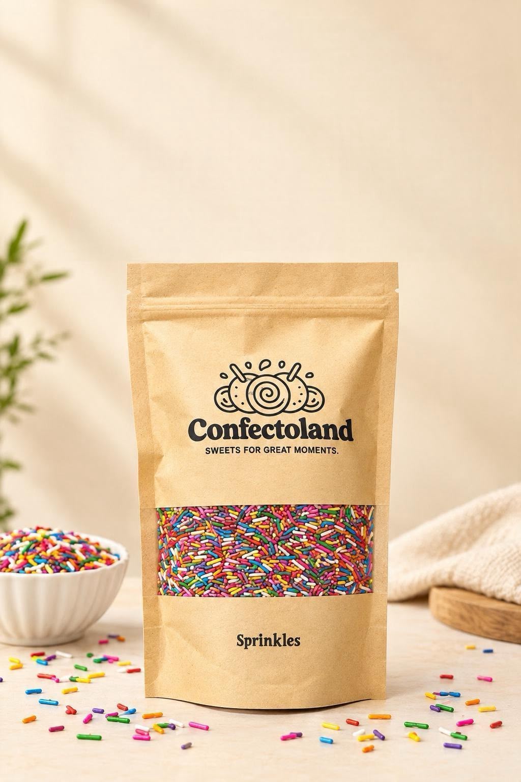 A stand-up kraft paper pouch of Confectoland sprinkles with a clear window showing colorful candy sprinkles inside, set on a light beige surface with scattered sprinkles, a small bowl of sprinkles, and a soft cloth in the background.