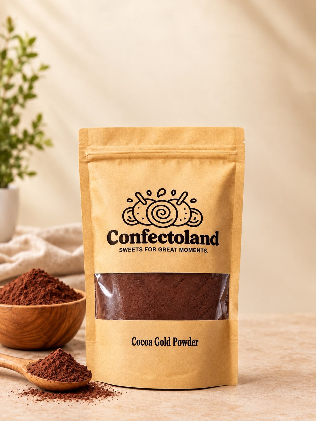 A stand-up pouch of Confectoland Cocoa Gold Powder, shown on a warm beige surface with a small wooden bowl of cocoa powder and a spoon in the foreground. The pouch is tan with a clear window displaying the dark brown powder inside.