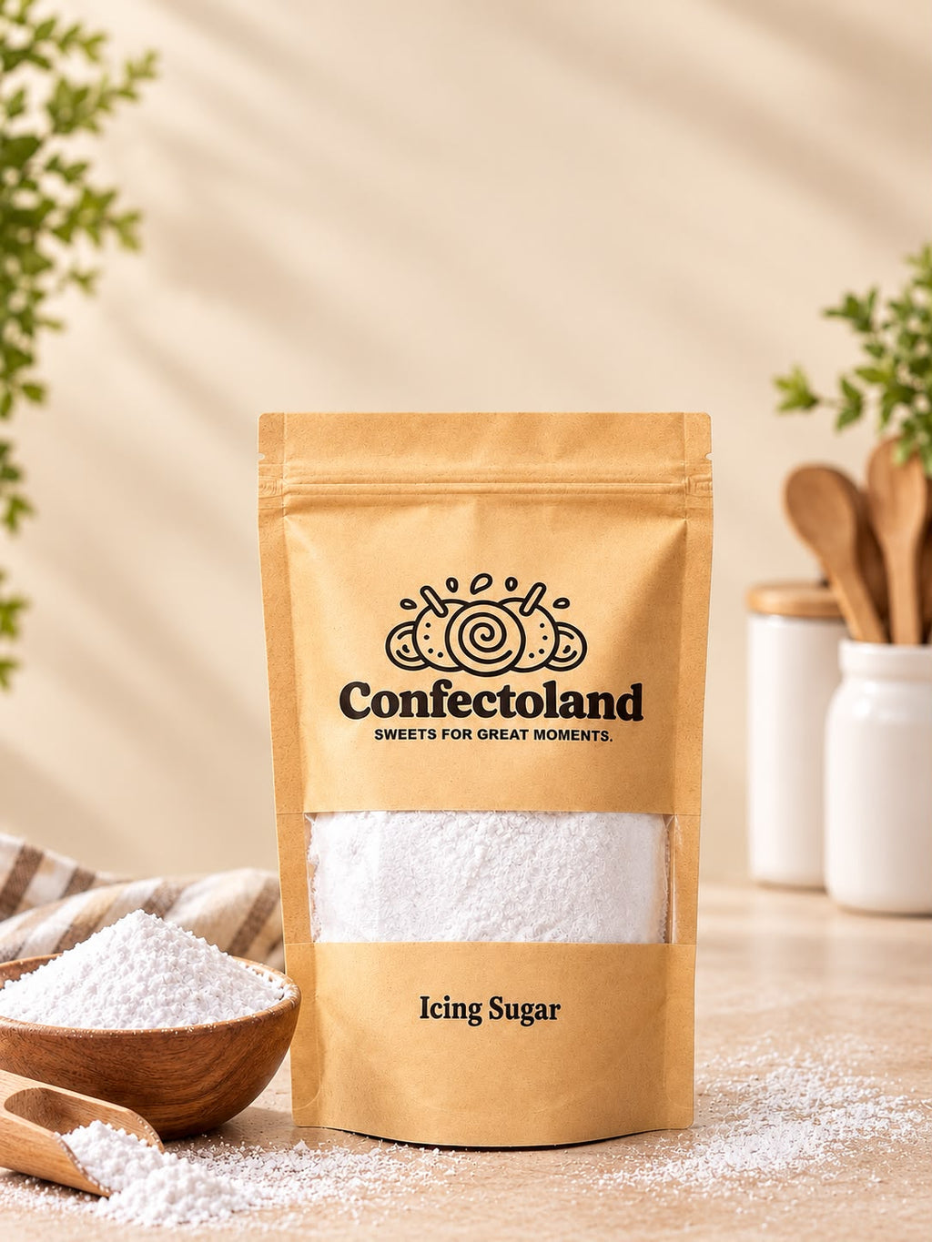 A stand-up kraft paper pouch of Confectoland Icing Sugar with a clear window showing white sugar inside, styled on a tabletop with a wooden spoon, bowl, and kitchen props in a warm neutral setting.