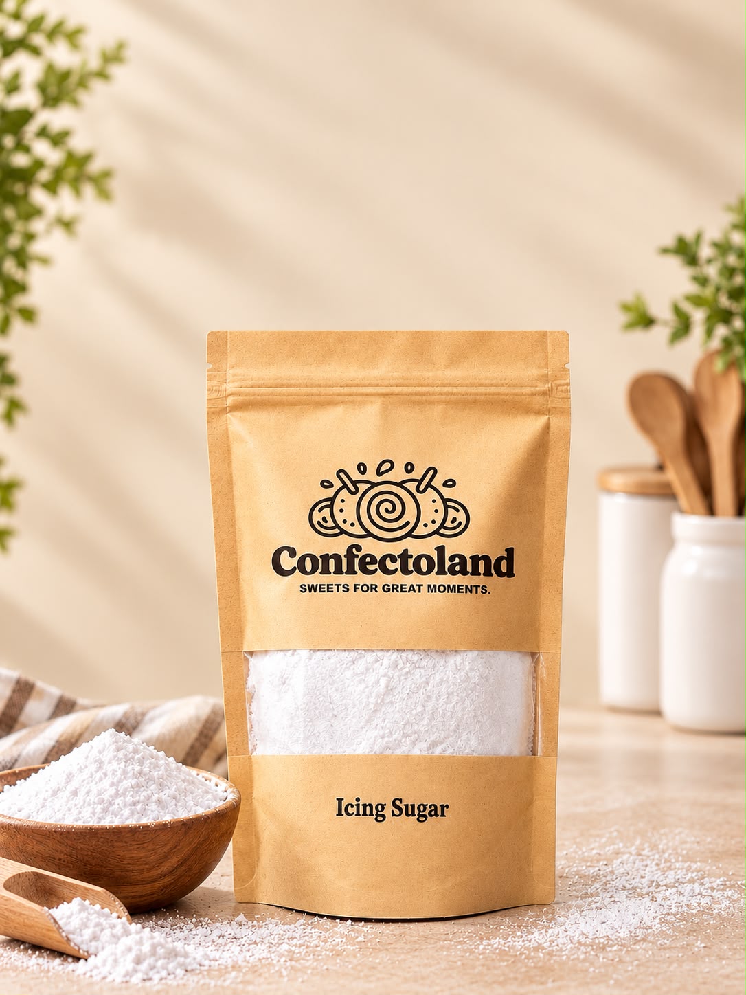 A stand-up kraft paper pouch of Confectoland Icing Sugar with a clear window showing white sugar inside, styled on a tabletop with a wooden spoon, bowl, and kitchen props in a warm neutral setting.