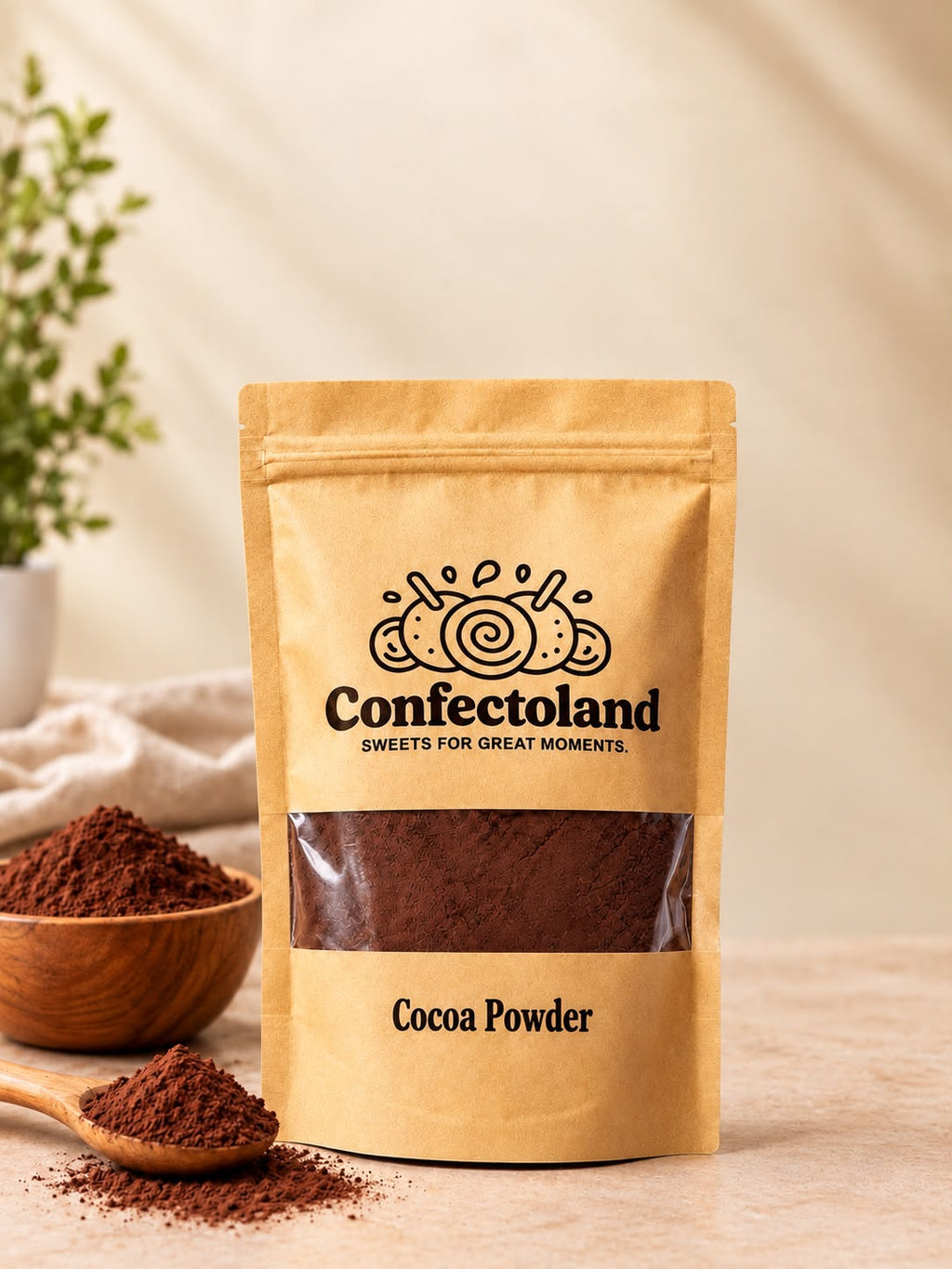 A stand-up pouch of Confectoland Cocoa Powder in a kraft paper style package with a clear window showing the dark brown cocoa powder inside. The pouch is photographed on a light beige surface with cocoa powder spilled in front, a wooden bowl, and a small plant in the background.