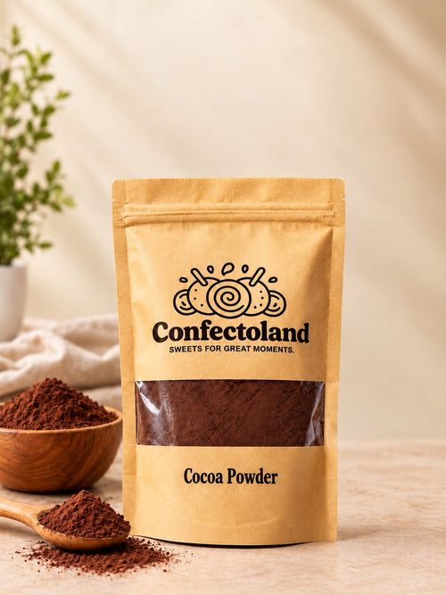A stand-up pouch of Confectoland Cocoa Powder in a kraft paper style package with a clear window showing the dark brown cocoa powder inside. The pouch is photographed on a light beige surface with cocoa powder spilled in front, a wooden bowl, and a small plant in the background.