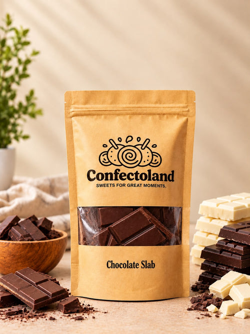 A stand-up pouch of Confectoland Chocolate Slab centered on a warm beige surface, surrounded by chocolate pieces and white chocolate chunks in a styled product scene.