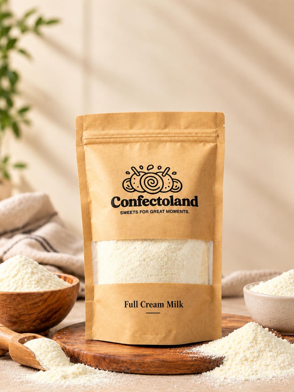A stand-up kraft paper pouch of Confectoland Full Cream Milk powder, displayed on a wooden board with bowls of the full cream milk powder and a cloth in a warm, styled setting.