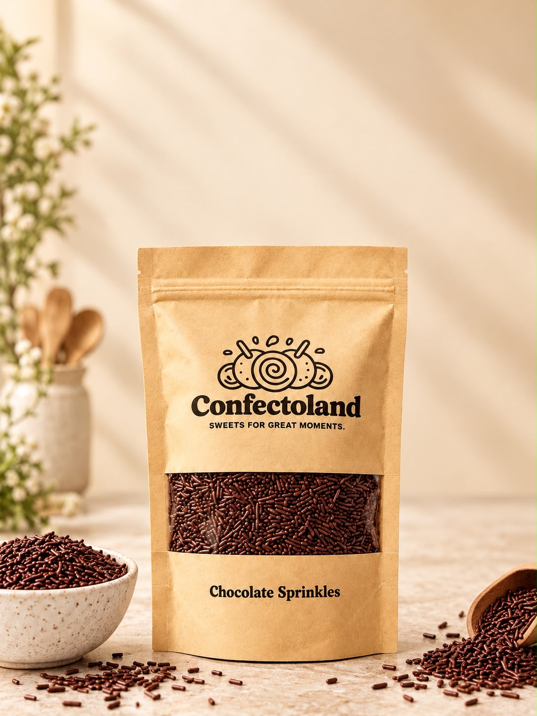 A stand-up kraft paper pouch of Confectoland Chocolate Sprinkles stands on a light surface with scattered sprinkles around it. The pouch has a clear window showing dark brown chocolate sprinkles inside, with a bowl of sprinkles and a scoop on the left and right.