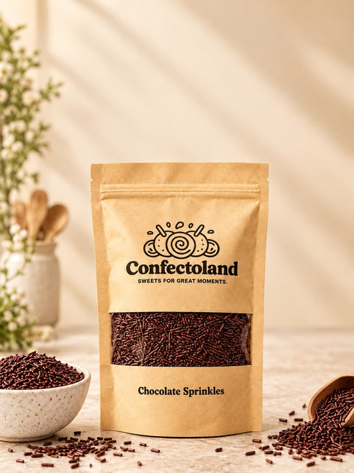 A stand-up kraft paper pouch of Confectoland Chocolate Sprinkles stands on a light surface with scattered sprinkles around it. The pouch has a clear window showing dark brown chocolate sprinkles inside, with a bowl of sprinkles and a scoop on the left and right.