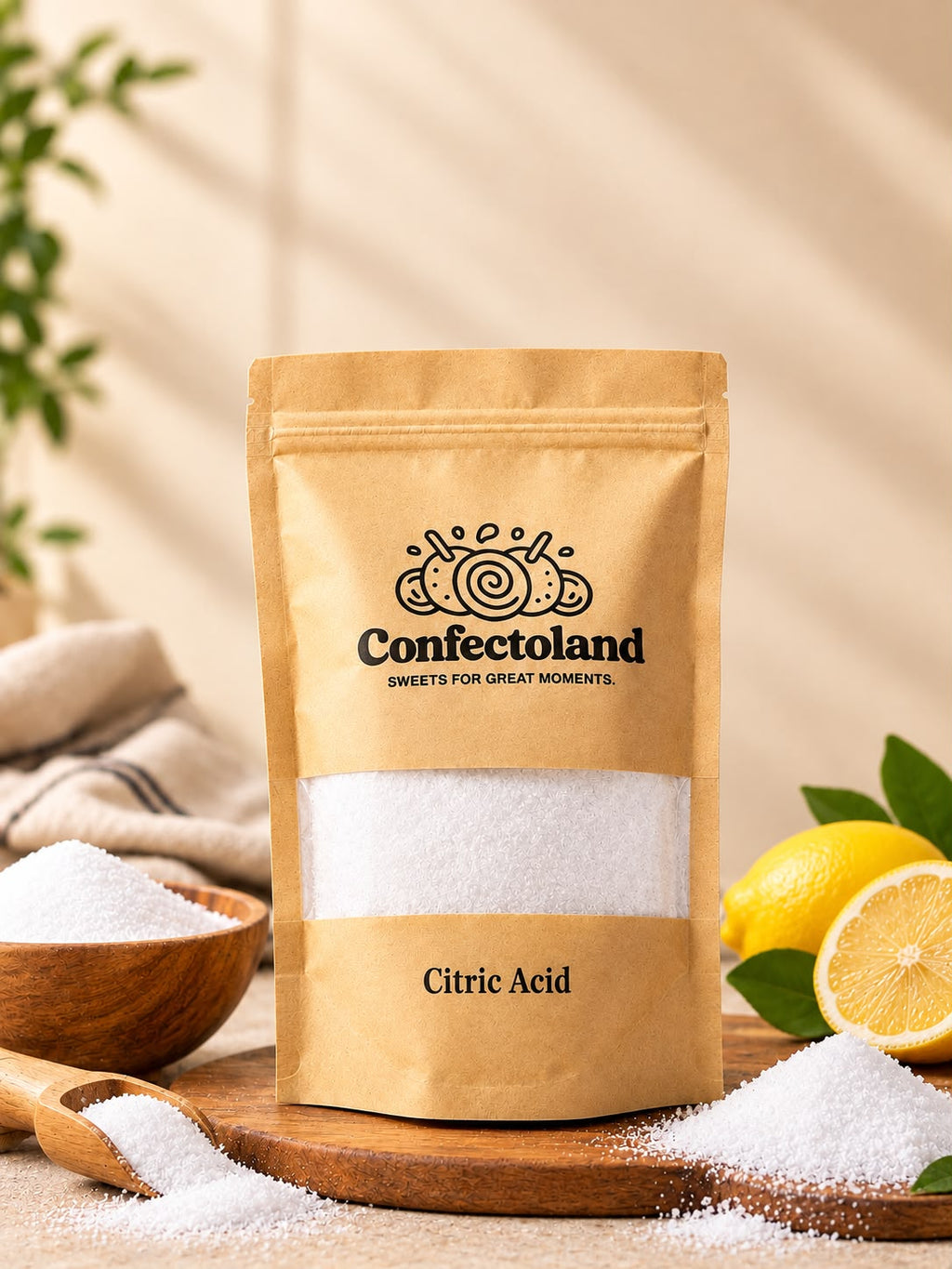 A kraft paper stand-up pouch labeled Confectoland Citric Acid stands on a wooden board with citric acid powder spilled around it, alongside lemon slices, a wooden bowl, and a cloth, against a warm beige background with soft leaf shadows.