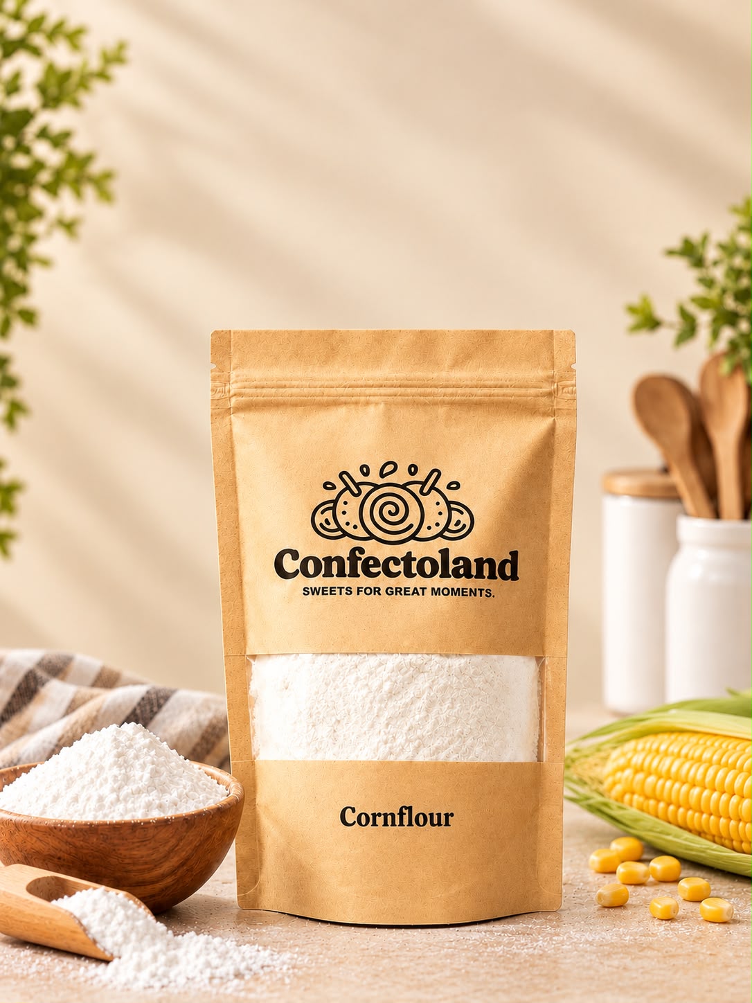 A kraft paper stand-up pouch of Confectoland Cornflour stands on a wooden surface with a window showing white cornflour inside. Surrounding props include a bowl of cornflour, scattered corn kernels, a cob of corn, and wooden utensils in the background.