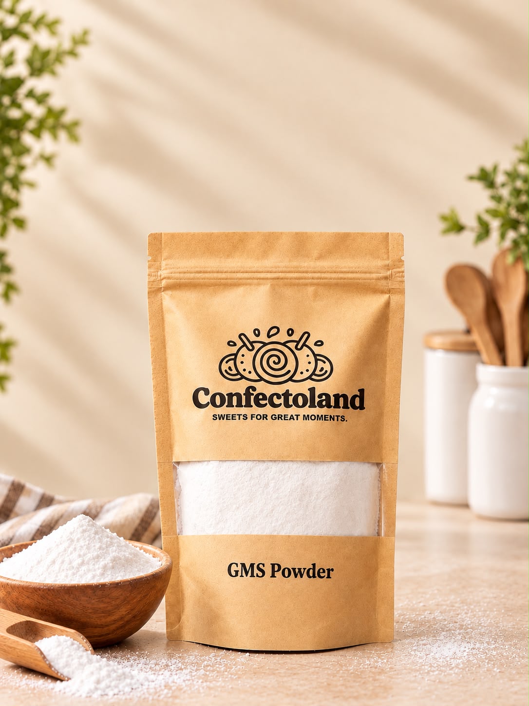 A kraft paper stand-up pouch labeled Confectoland GMS Powder, shown on a tabletop with a small bowl of GMS powder and wooden spoons in the background.