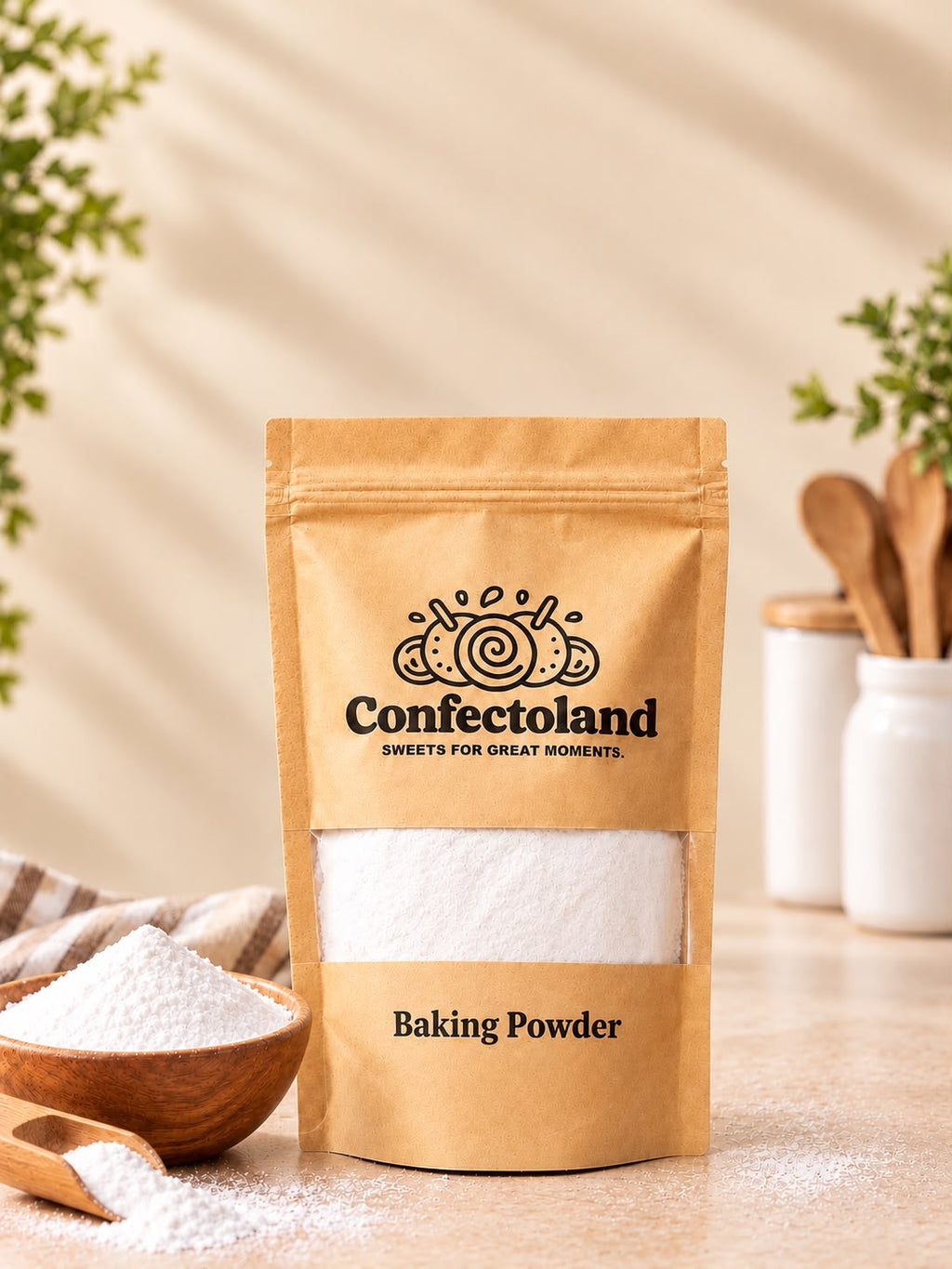 A stand-up kraft paper pouch of Confectoland Baking Powder on a light wooden surface, with a small wooden bowl of baking powder and scattered baking powder in the foreground and white jars with wooden utensils blurred in the background.