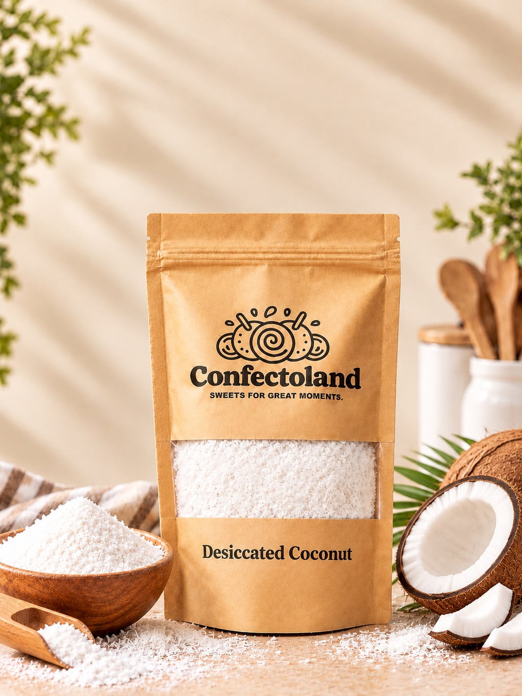 A stand-up pouch of Confectoland Desiccated Coconut stands on a light surface with a window showing desiccated coconut powder inside. The pouch is tan with black text and logo.