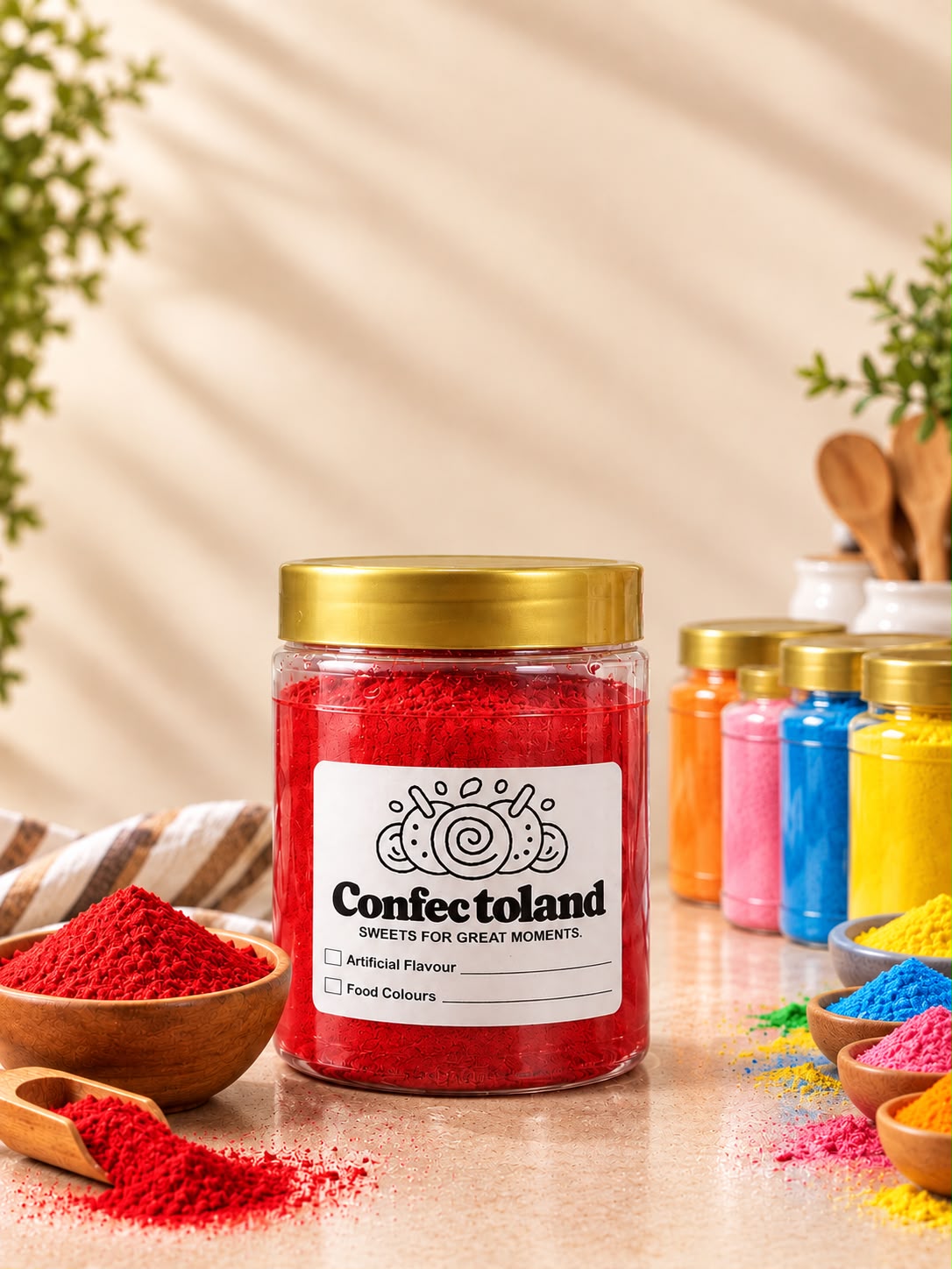 A glass jar of Confectoland Sheets for Great Moments filled with bright red food color powder, set on a tabletop with bowls of food color powders and other jars in the background.
