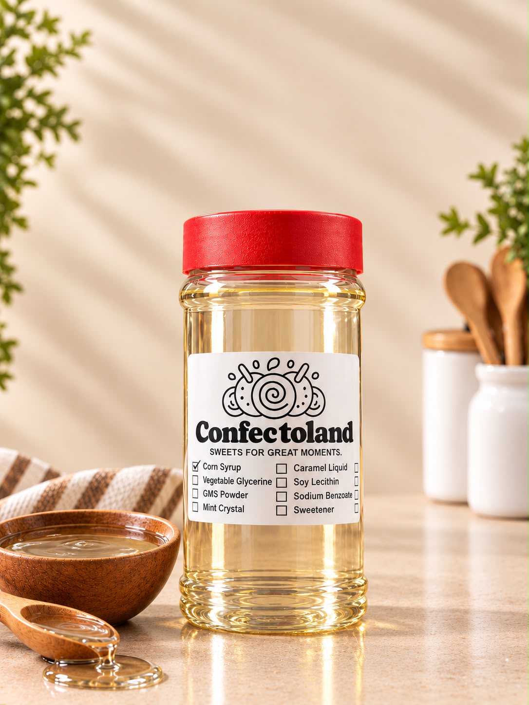 A bottle of Confectoland Corn Syrup with a red lid and white label, set on a countertop with a wooden spoon, a small bowl of corn syrup, and kitchen utensils in the background.