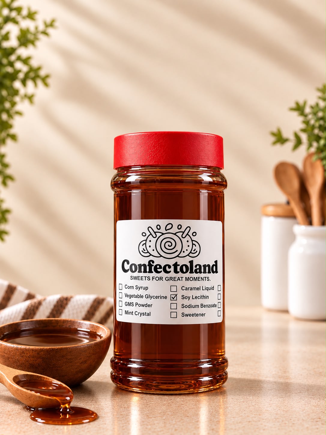A bottle of Confectoland soy lecithin with a red lid and white label, set on a beige countertop with a wooden spoon, a small bowl of soy lecithin, and blurred kitchen props in the background.
