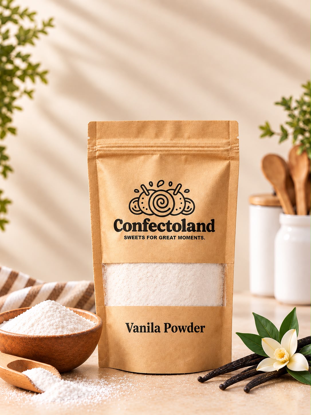A kraft paper stand-up pouch labeled Confectoland Vanilla Powder, styled on a tabletop with vanilla beans, a flower, a small bowl of vanilla powder, and wooden utensils in the background.