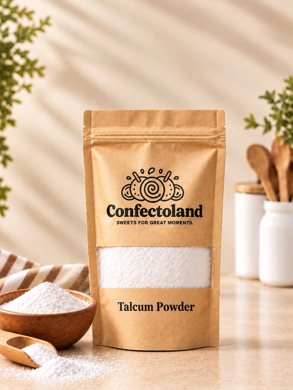 A kraft paper stand-up pouch labeled Confectoland Talcum Powder stands on a tabletop with a small wooden bowl and scoop of talcum powder beside it. The background is softly blurred with plants and kitchen utensils, creating a warm, styled setting.