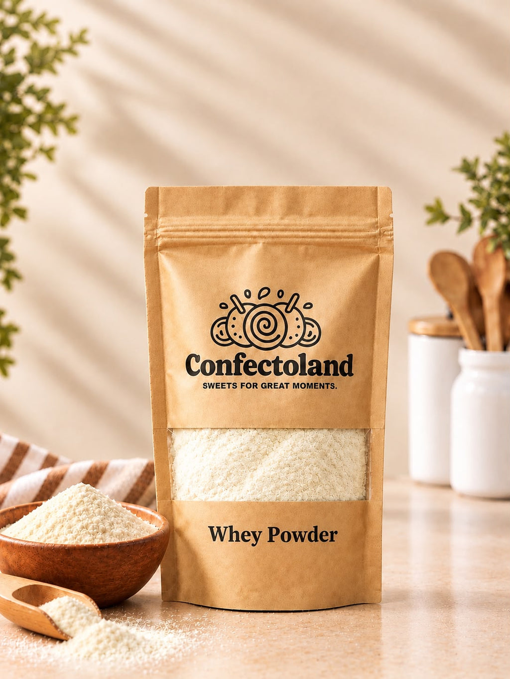 A stand-up kraft paper pouch of Confectoland Whey Powder on a light beige surface, with a small wooden bowl, wooden spoon, and white jars in the background. The pouch has a clear window showing the whey powder inside and black printed branding and text.