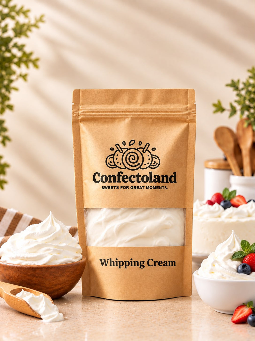 A kraft paper stand-up pouch labeled 'Confectoland Whipping Cream' stands on a countertop, with bowls of whipped cream and fruit arranged around it in a styled kitchen-like setting.