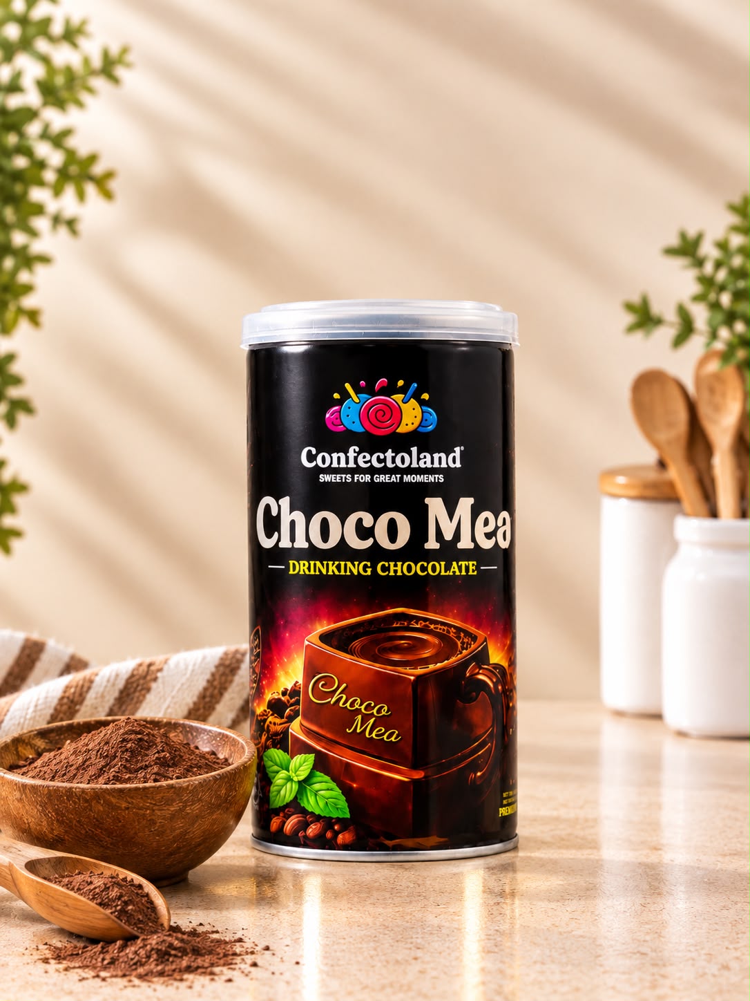 A canister of Confectoland Choco Meo drinking chocolate stands on a countertop with a bowl of choco meo drinking chocolate powder, wooden spoon, and white jars in the background, creating a warm, cozy kitchen or cafe setting.