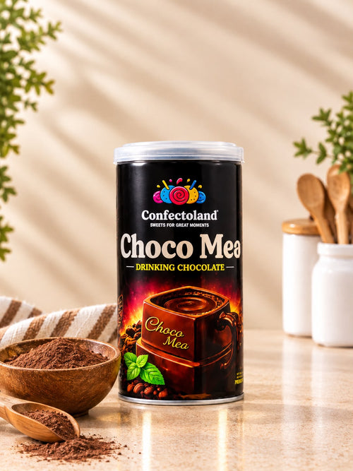 A canister of Confectoland Choco Meo drinking chocolate stands on a countertop with a bowl of choco meo drinking chocolate powder, wooden spoon, and white jars in the background, creating a warm, cozy kitchen or cafe setting.