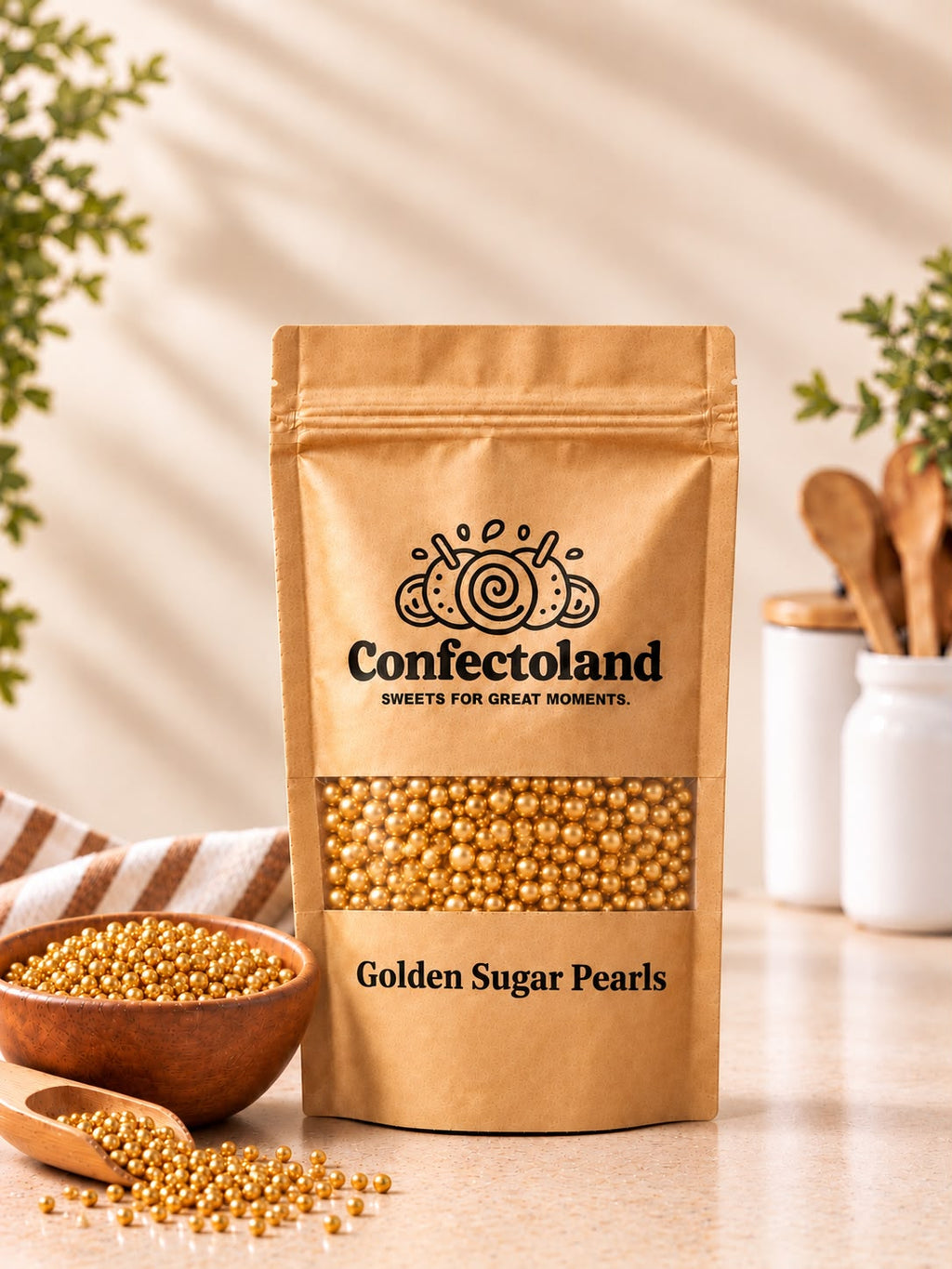 A stand-up kraft paper pouch of Confectoland Golden Sugar Pearls stands on a light countertop with a window-box style window behind it. The pouch has a clear window showing the golden sugar pearls and printed branding and product name.