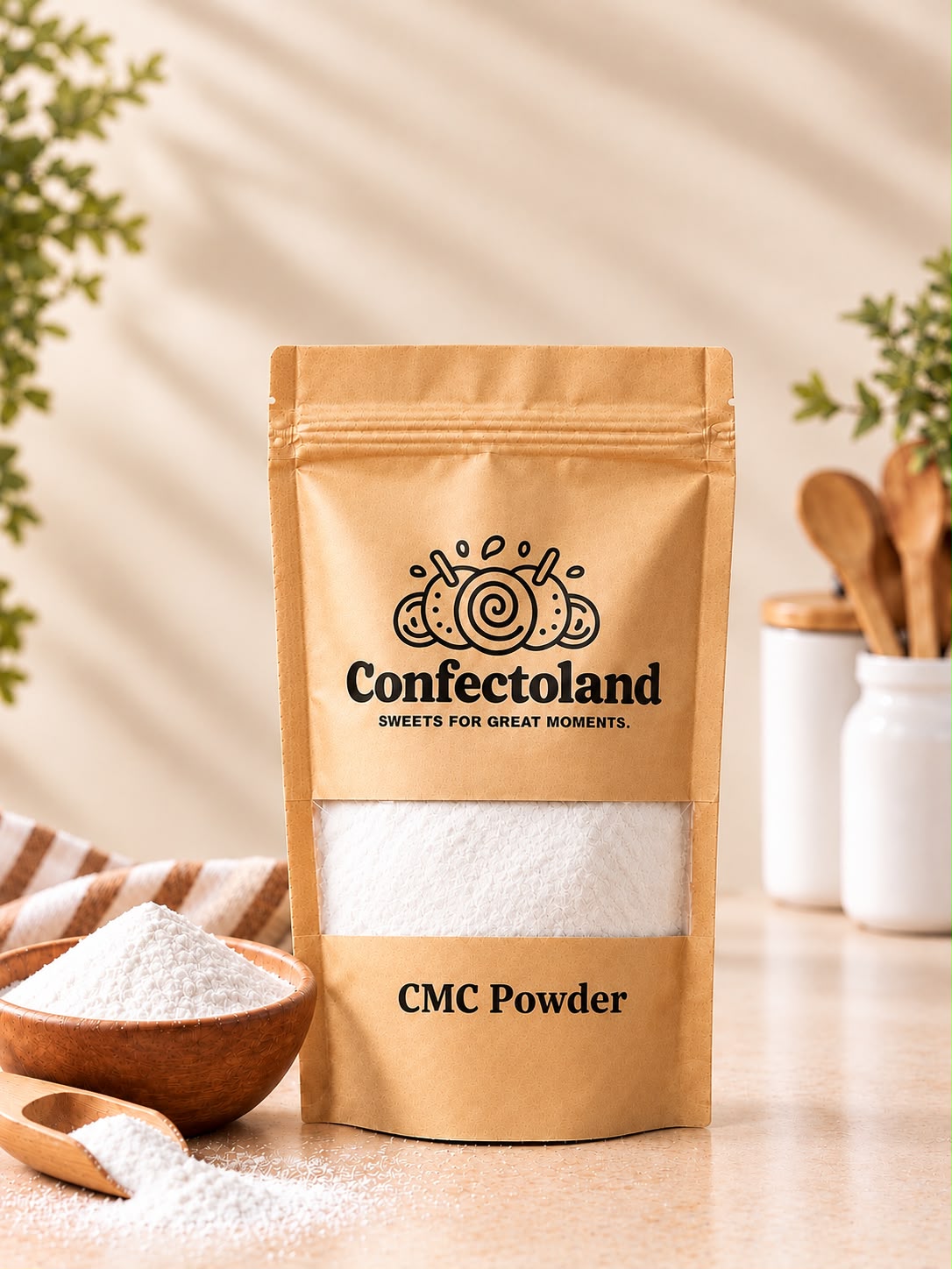 A stand-up pouch of Confectoland CMC Powder stands on a light wooden surface with a small bowl and spoon of CMC powder in front. The pouch is tan with a clear window showing the CMC powder inside, and the background is softly blurred with plants and kitchen utensils.